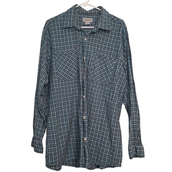 Men's Carhartt‎ Blue Plaid Button Down Collared Long Sleeve Shirt Size Large - Picture 1 of 13